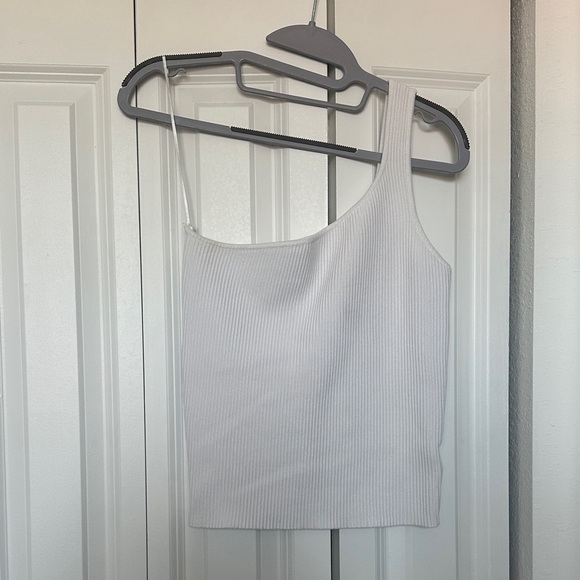 White Ribbed One-Shoulder Top - Picture 1 of 3